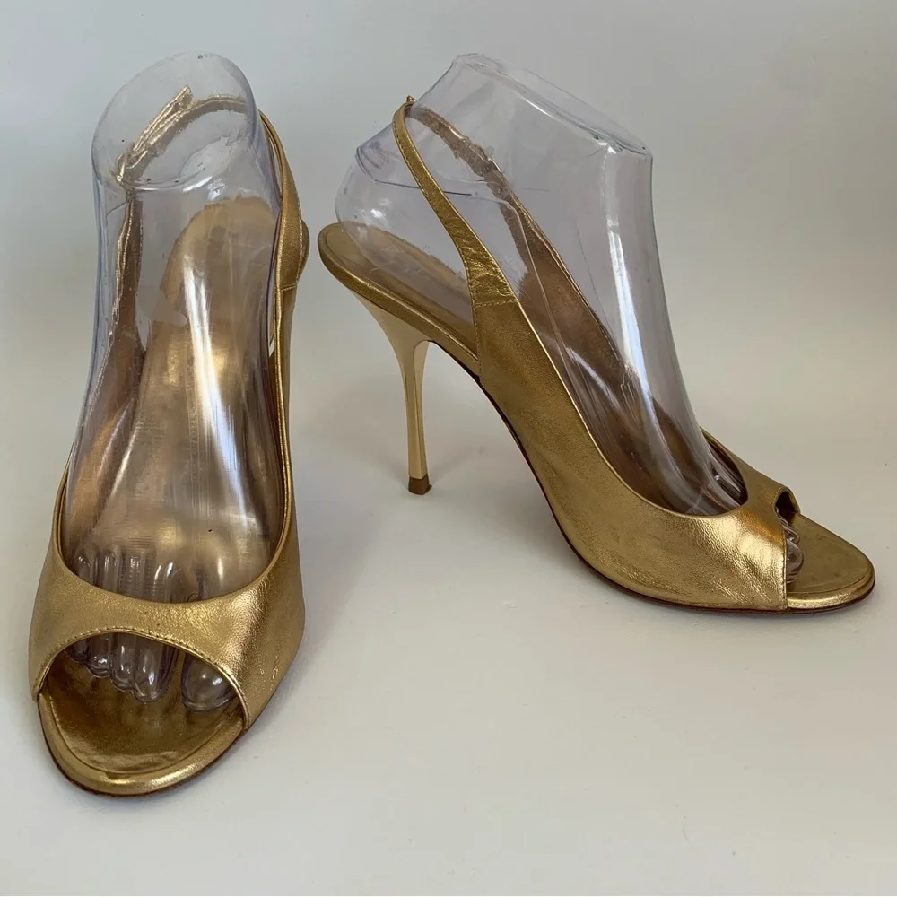 Giuseppe Zanotti Design Gold Leather slingback peeptoe heels EU size 39.5 US 9.5 - Picture 15 of 15